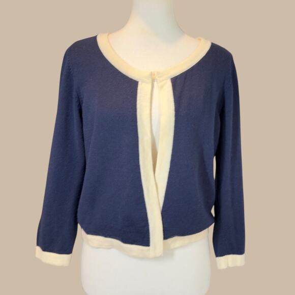 Lilly Pulitzer Navy Cream Merino Wool Silk Lined Knit Cardigan Sweater Large - Picture 7 of 13